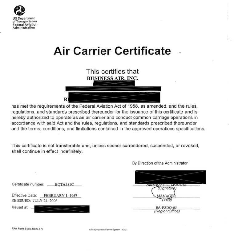 Business Air FAA Air Carrier Certificate No. BQTA581C